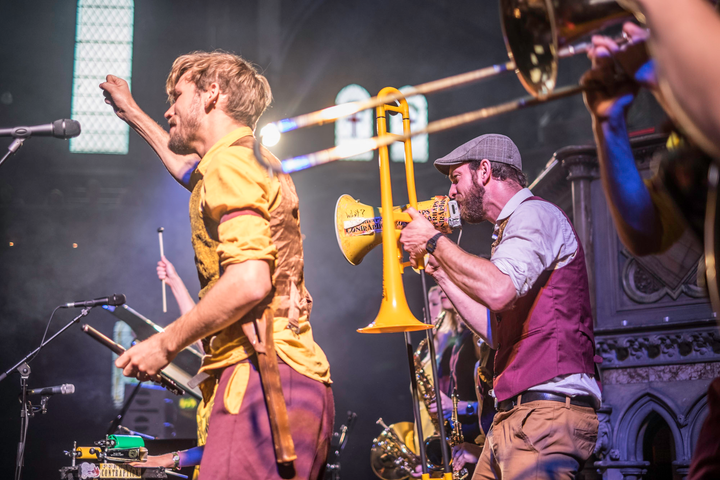 Perhaps Contraption progressive, avant rock, art pop brass band. Christo Squier.